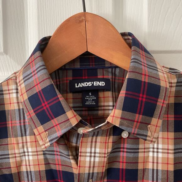 Lands End Button Up Shirt Men S Tan Blue Plaid Cotton No Iron Twill Preppy - Picture 2 of 4